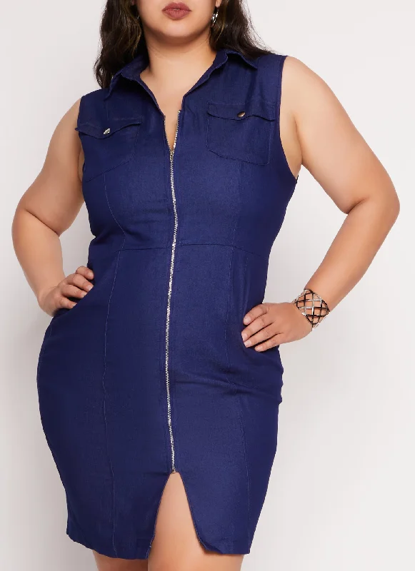 Plus Size Zip Front Denim Shirt Dress