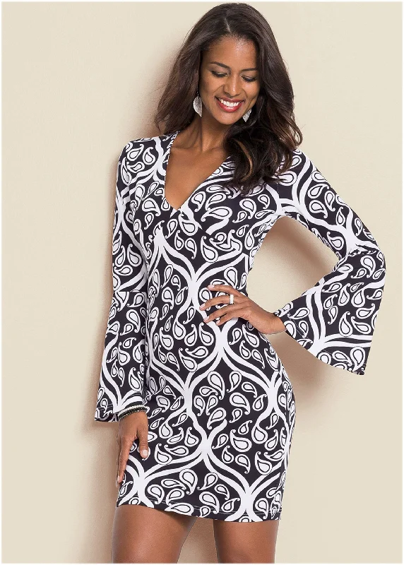 Printed V-Neck Dress - Black & White