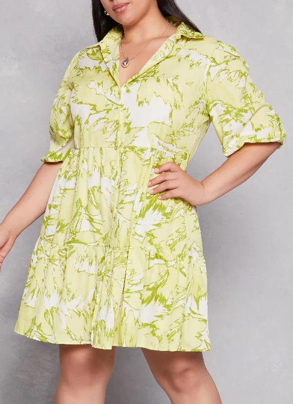 Plus Size Printed Bubble Sleeve Tiered Shirt Dress