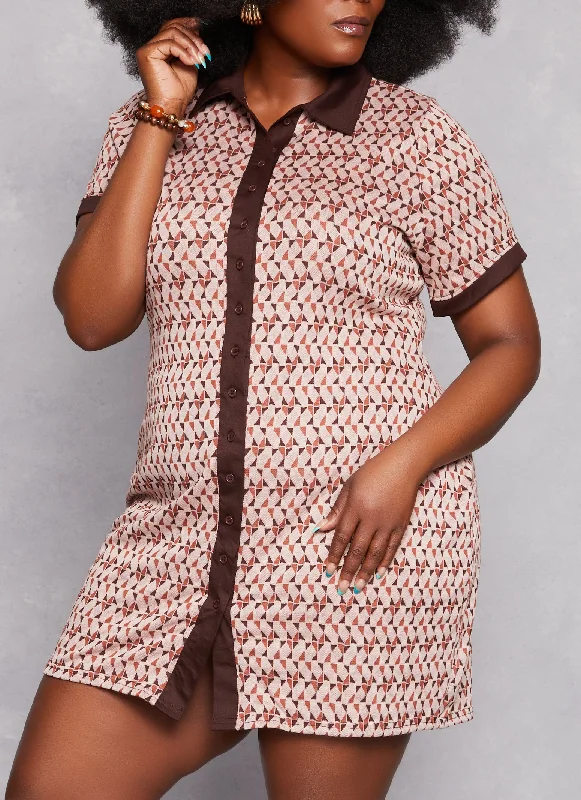 Plus Size Geometric Patterned Shirt Dress