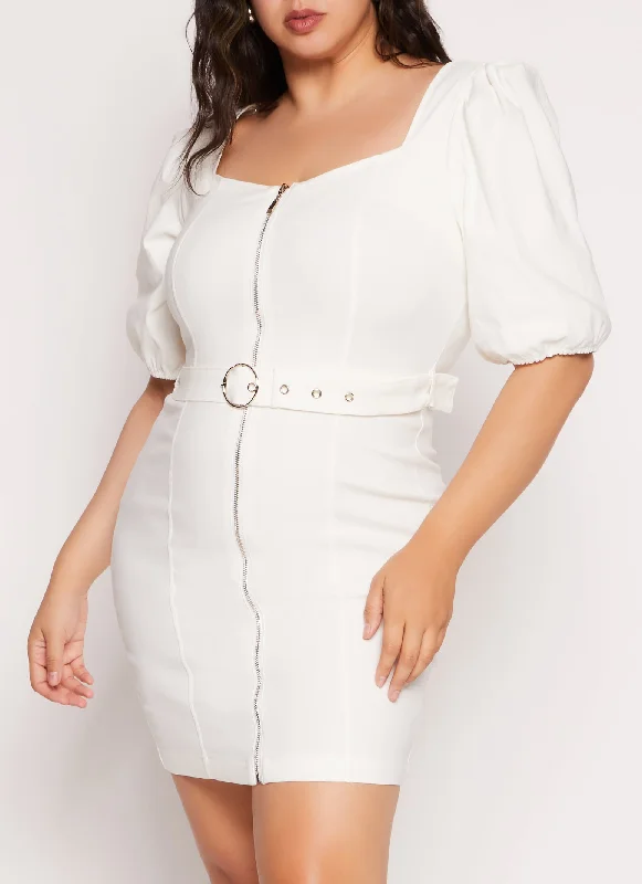 Plus Size Twill Zip Front Puff Sleeve Dress