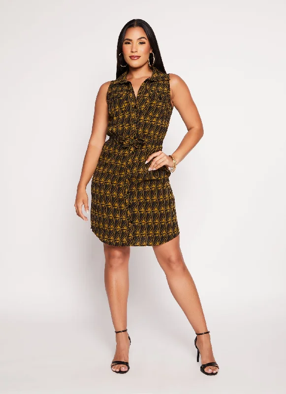 Printed Tie Front Waist Shirt Dress