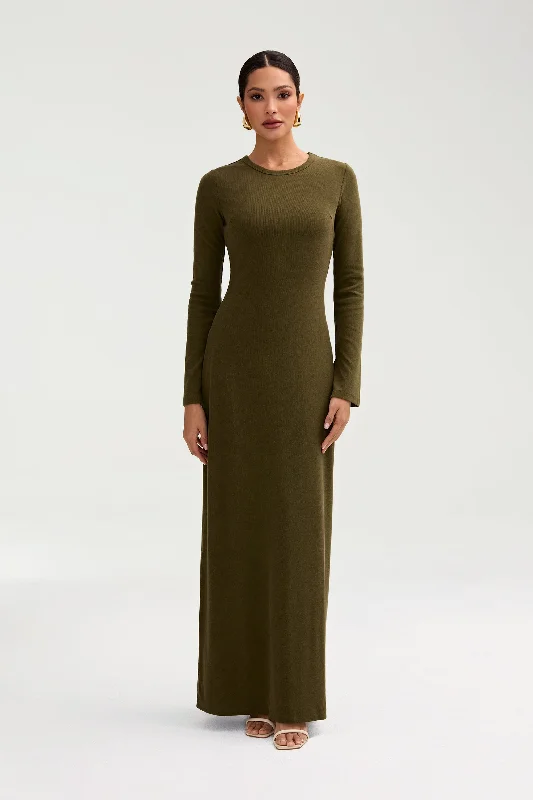 Ella Ribbed Split Cuff Maxi Dress - Olive Night