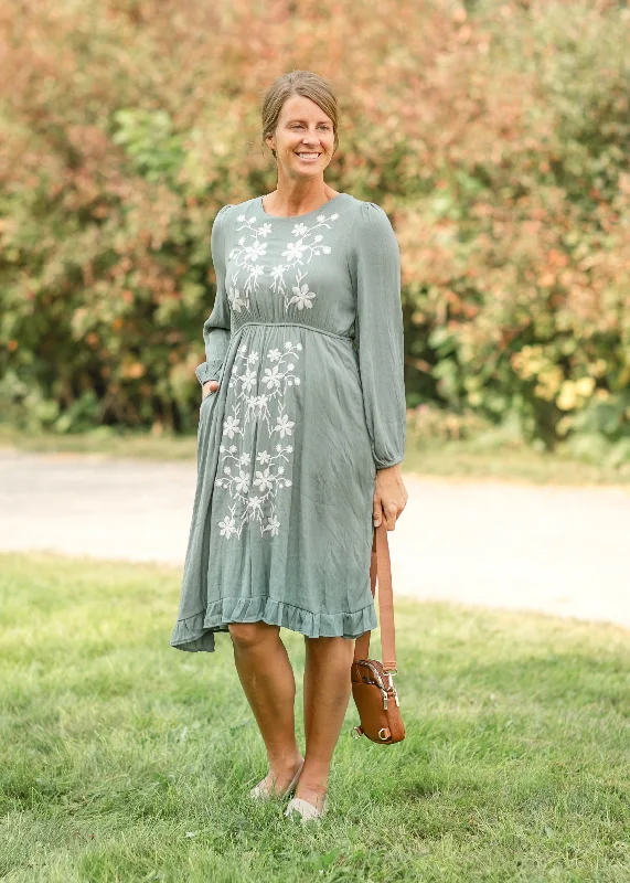 Embroidered Round Neck Long Sleeve Midi Dress