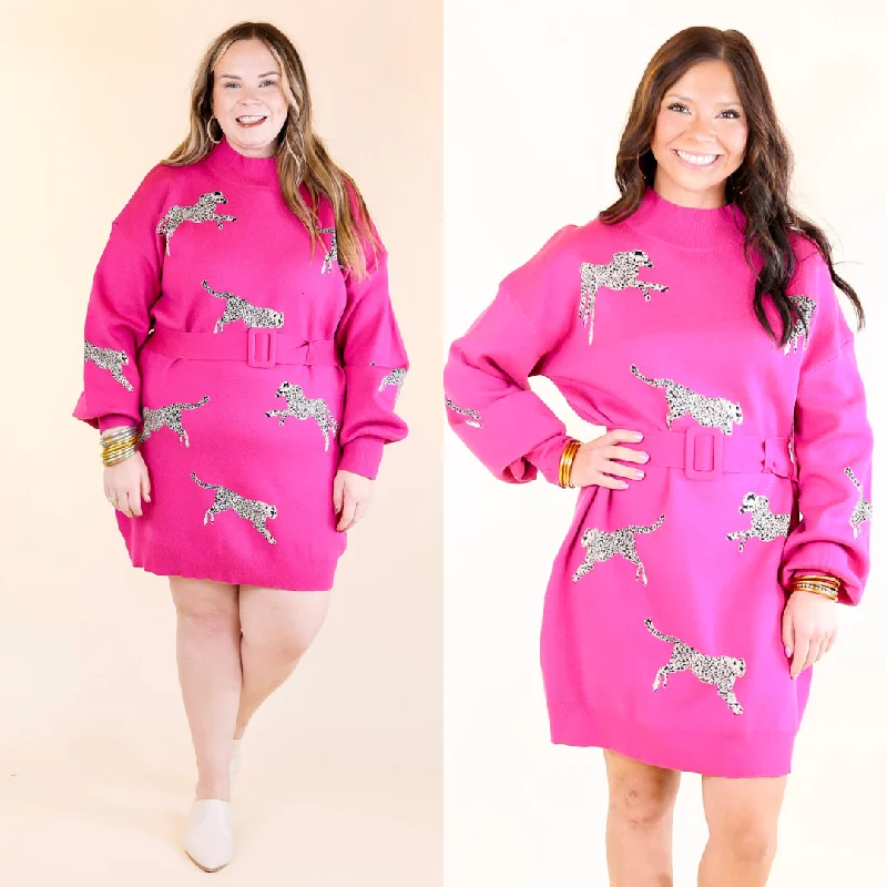 Luxurious Life Animal Print Sweater Dress with Belt in Hot Pink