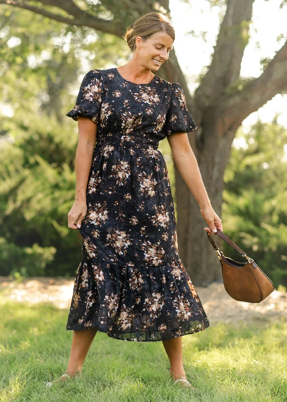 Puff Sleeve Floral Printed Jacquard Dress