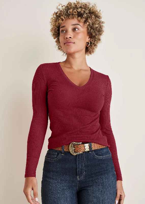 Ribbed Long Sleeve V-Neck - Wine