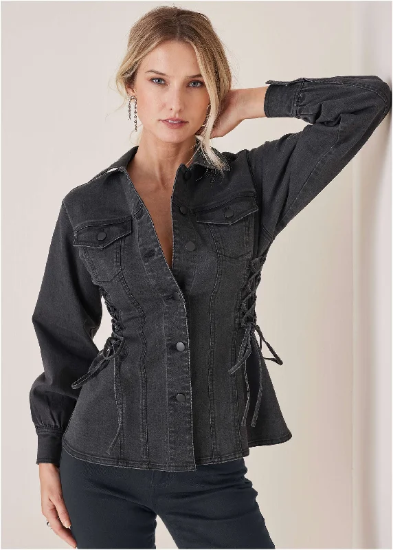 Lace Up Denim Jacket - Black Wash