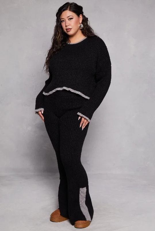 Plus Size Knit Contrast Stripe High Waist Flare Pants