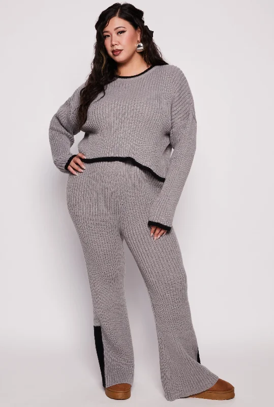 Plus Size Knit Contrast Stripe High Waist Flare Pants