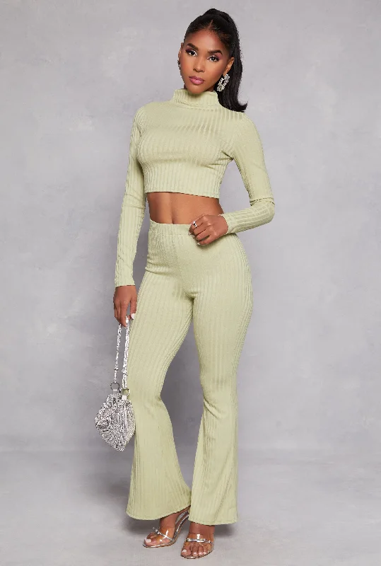 Ribbed Knit High Waist Flare Pants