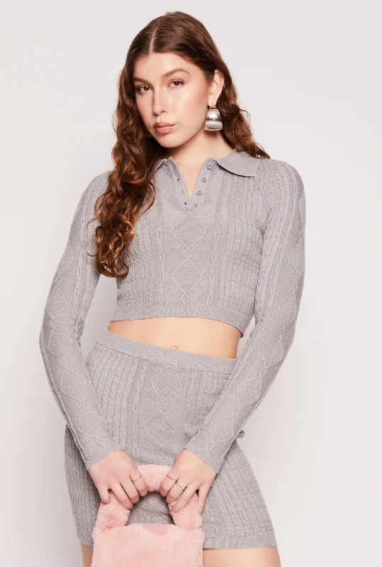 Daisy Cable Knit Cropped Polo Sweater