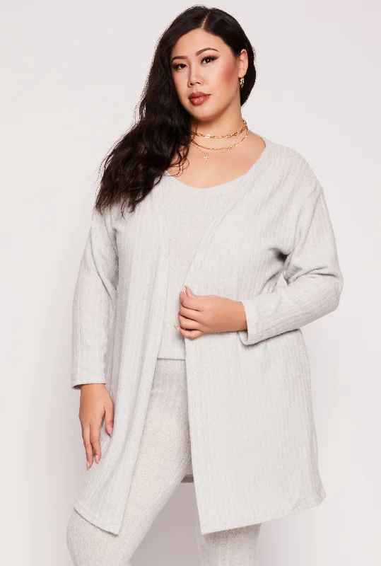 Plus Size Brushed Ribbed Knit Long Cardigan