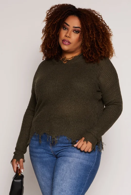 Plus Size Distressed Pullover Hooded Sweater