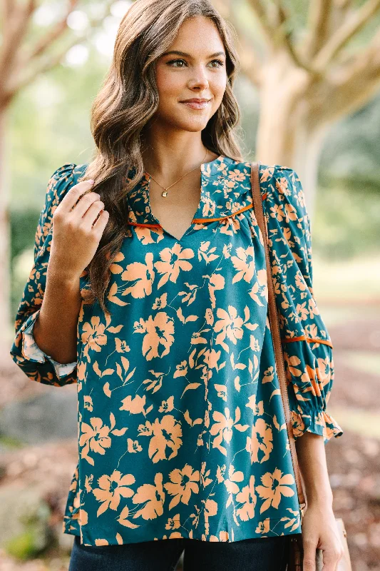 Just For Me Teal Green Floral Blouse