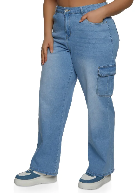 Plus Size WAX Whiskered Wide Leg Cargo Jeans