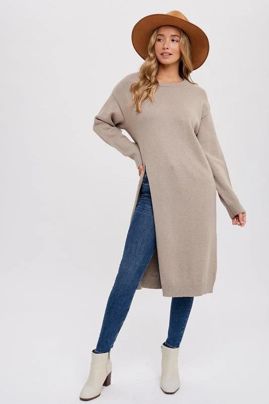 Liz Long Sleeve High Slit Long Pullover Sweater Top Taupe