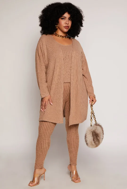 Plus Size Brushed Ribbed Knit Long Cardigan