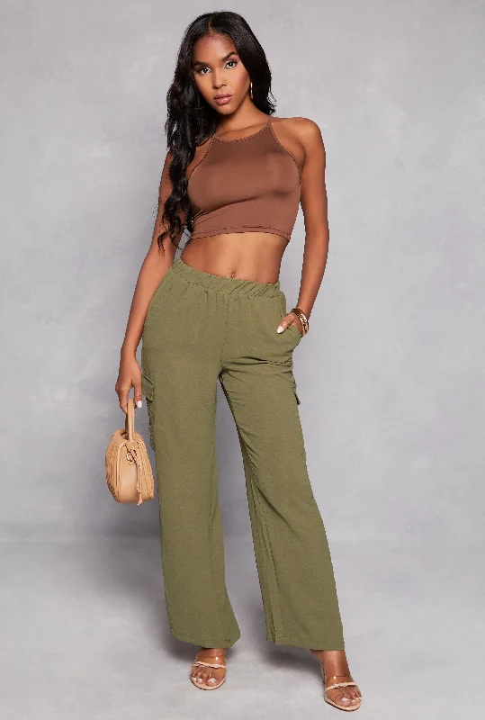 Airy Crepe Knit Cargo Wide Leg Pants