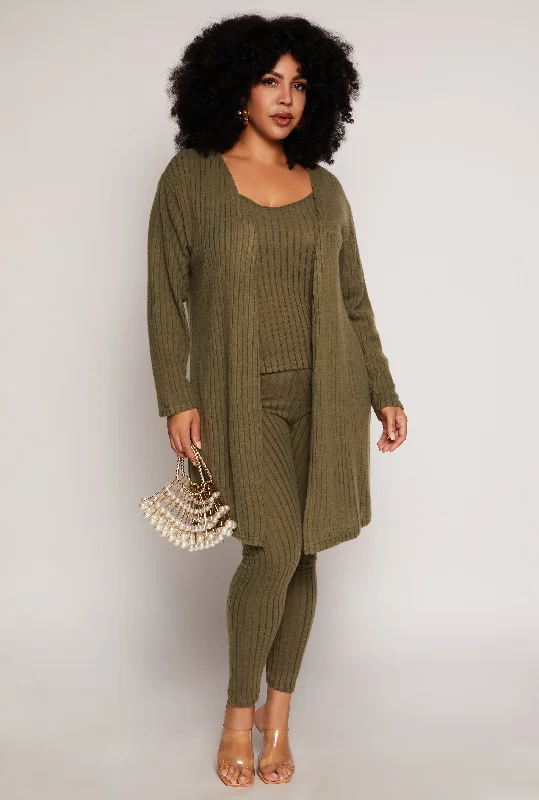 Plus Size Brushed Ribbed Knit Long Cardigan