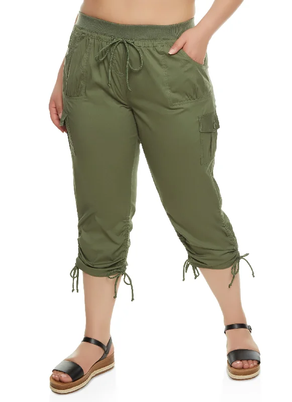 Plus Size High Waisted Ruched Cargo Capri Pants