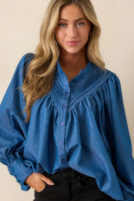 See What Happens Medium Wash Chambray Blouse