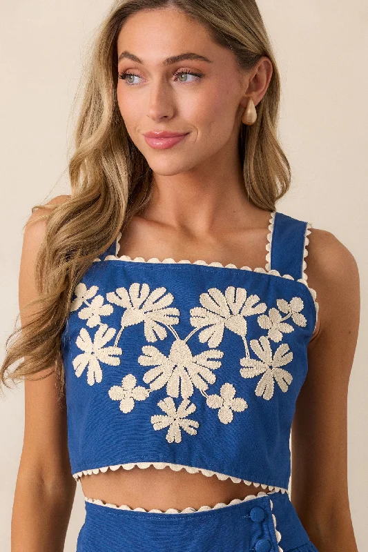 Take Me There Blue Embroidered Floral Cropped Top