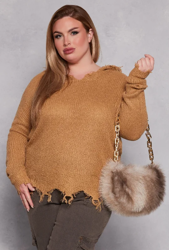 Plus Size Distressed Pullover Hooded Sweater