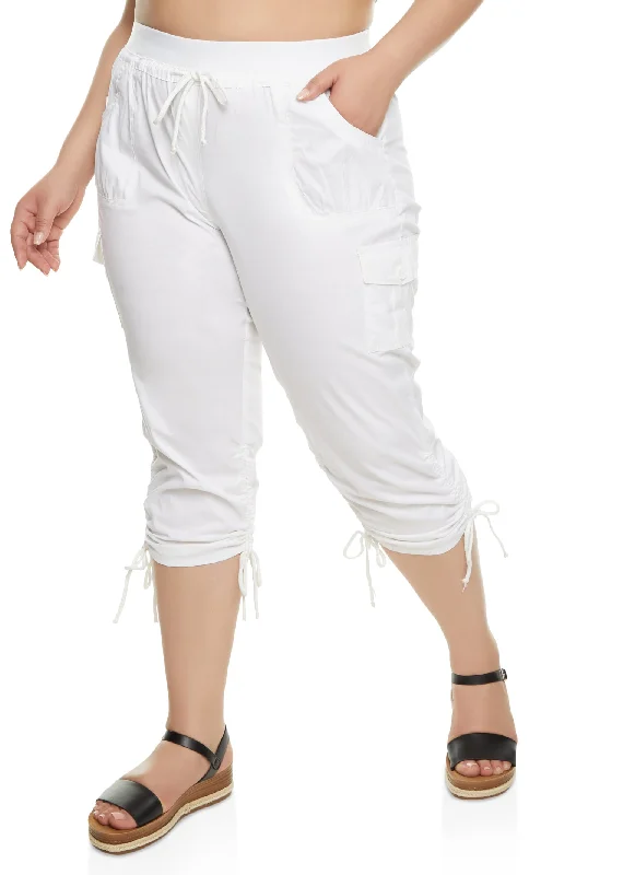 Plus Size High Waisted Ruched Cargo Capri Pants