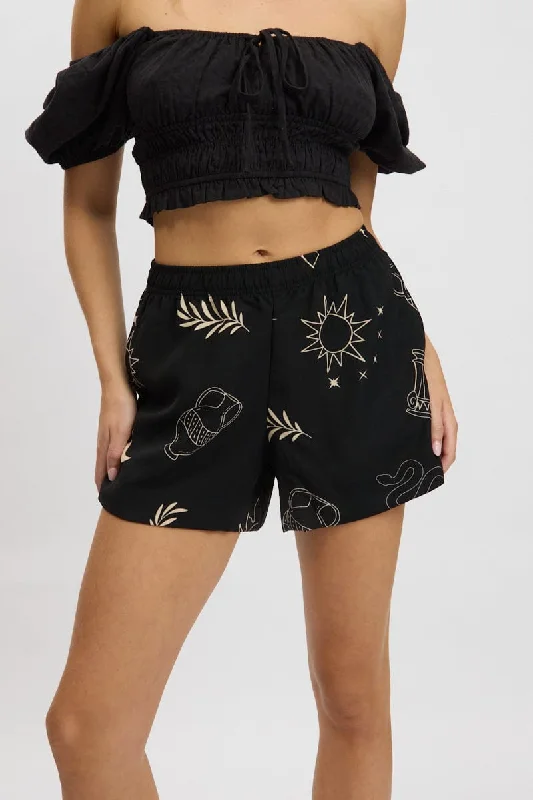 Black Abstract Relaxed Shorts High Rise