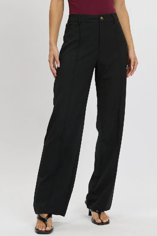 Black Straight Fit Pants High Rise