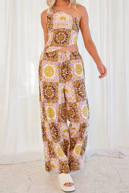 Multi Abstract Wide Leg Pants High Rise