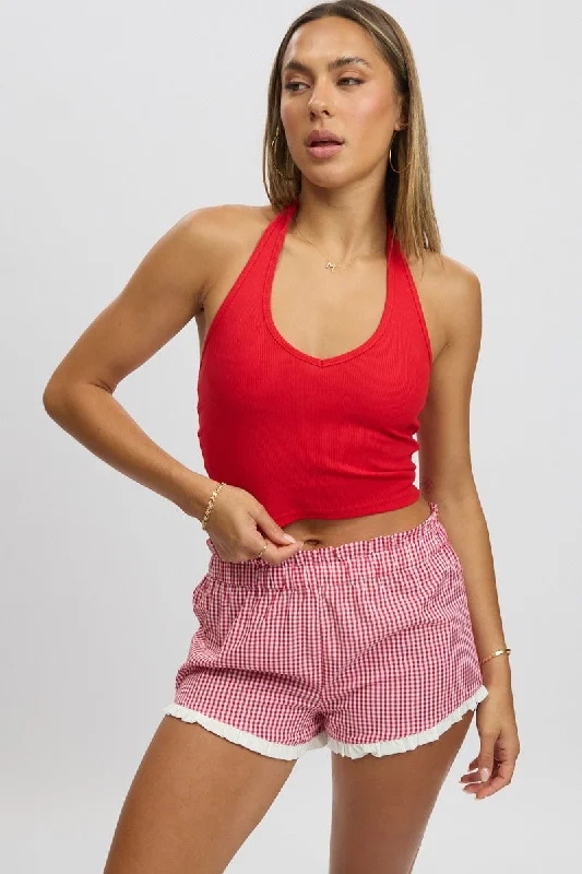 Red Check Shorts Mini Frilled Hem